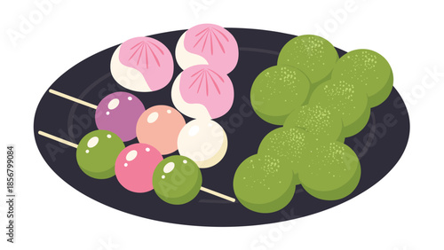 A delightful assortment of traditional Japanese sweets on a black plate, featuring colorful dango skewers and pink steamed manju buns.