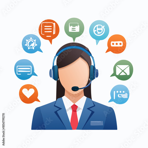 A professional businessman and call center operator connect via a mobile tablet and laptop using social network icons to illustrate a modern global communication technology and internet business conce