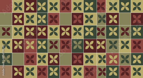 Geometric floral pattern displaying a grid of stylized flowers in various shades of red and green on coordinating colored tiles.
