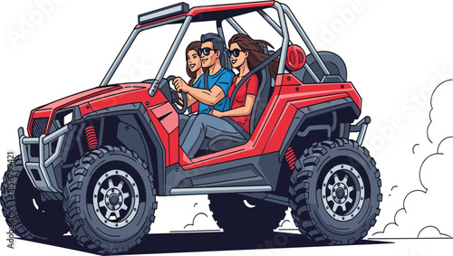 Couple driving red off road buggy adventure vehicle, extreme sport ride, outdoor desert racing, recreational activity, fun travel, adrenaline experience, freedom