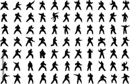 100 martial arts silhouette poses showing dynamic kicks, punches, blocks, stances, and movements for training, choreography, animation, and design.