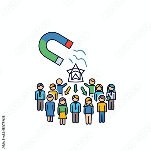 An image of a magnet attracting people toward a central figure