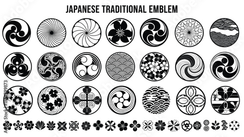 Japanese emblem, kamon symbol, traditional motif, cultural icon, black white design, wave floral geometric, heritage art, flat vector illustration