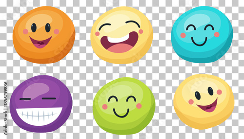 Colorful cartoon emojis with various happy and joyful facial expressions on a transparent background.