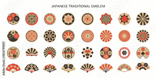 Japanese emblem, traditional motif, cultural symbol, floral design, geometric pattern, fan shape, red black gold beige, heritage art, flat vector illustration