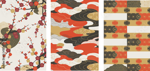 Japanese pattern, plum blossom, cloud motif, geometric stripe, traditional design, red gold black, textile art, elegant layout, flat vector illustration