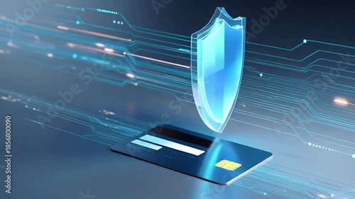 Animation representing secure digital payment and financial data protection, featuring a credit card with a holographic shield symbol and abstract data blue background.	