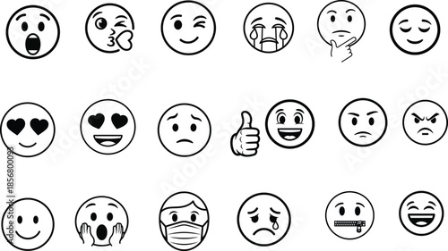 Collection of various emoji faces on white background