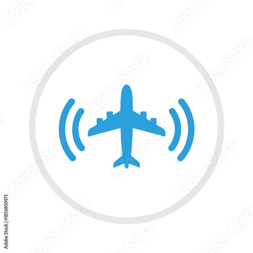 A blue airplane icon within a white circle, framed by a light gray border and waveforms