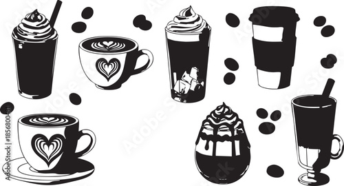 High-Contrast Black and White Coffee Drink Silhouettes and Icons