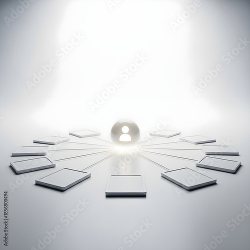 3D Render of Digital Identity Hub Connected to Multiple Apps, Enterprise Security Concept on White Background