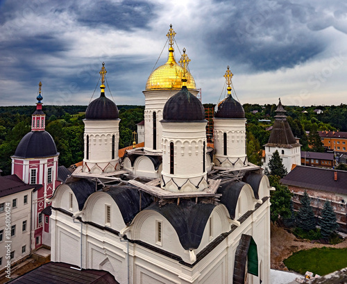 View to the Nativity of the Virgin cathedral aud internal court of Nativity monastery. city of Borovsk, Russia