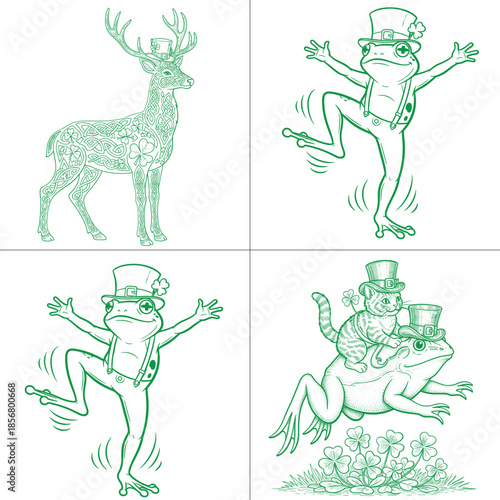 St Patrick’s Day Cute Animal Illustration Set in Green, Irish Bear Raccoon Chipmunk and Badger Characters with Leprechaun Hats Artwork