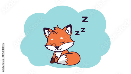 Cute Cartoon Fox Sleeping Peacefully in a Cloud on a Light Blue Background