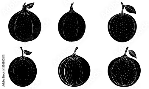 Five black eggplants with leaves on white background vegetable silhouette