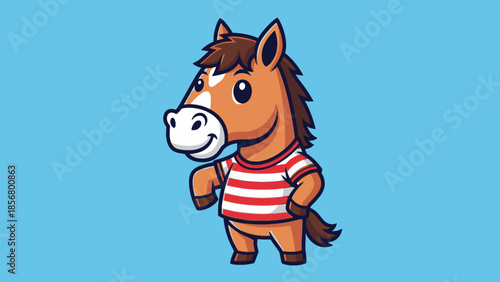 Happy Cartoon Baby Horse Wearing Striped T-shirt Standing and Smiling on Bright Blue Background