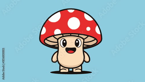 Happy Cartoon Mushroom Character with Red Cap and White Spots Smiling on Bright Blue Background