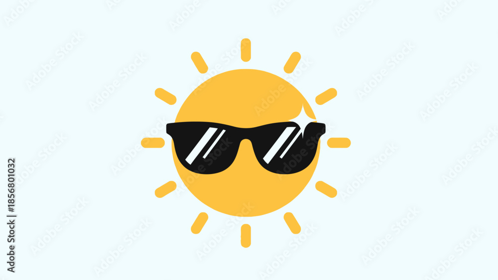 Fototapeta premium Cool Cartoon Sun Character Wearing Sunglasses Shining on Light Blue Background