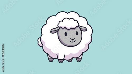 Fluffy Cute Cartoon Sheep Character Standing and Smiling on Light Blue Background