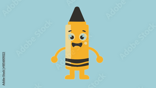 Happy Cute Yellow Crayon Character Smiling on Light Blue Background
