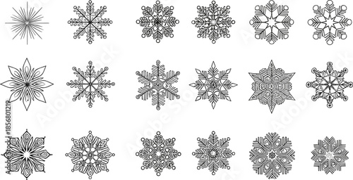 Decorative snowflake ornament illustration set featuring detailed winter ice crystals for holiday design, seasonal decor, and festive graphics