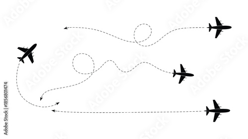 Black Airplane Silhouettes With Dotted Flight Paths On White Background aircraft travel