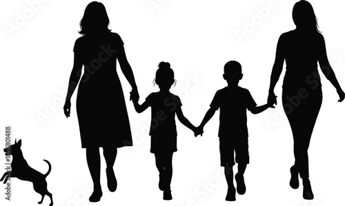 Family walking silhouette illustration featuring parents holding children hands with dog, symbolizing love, togetherness, and family lifestyle