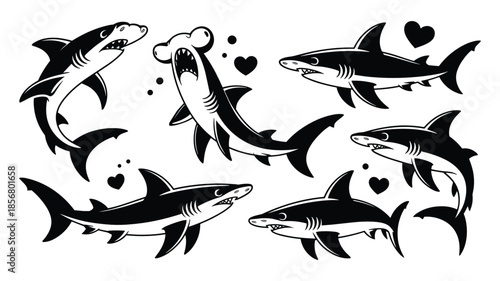 Collection of Black Silhouette Sharks with Hearts and Bubbles on White Background ocean