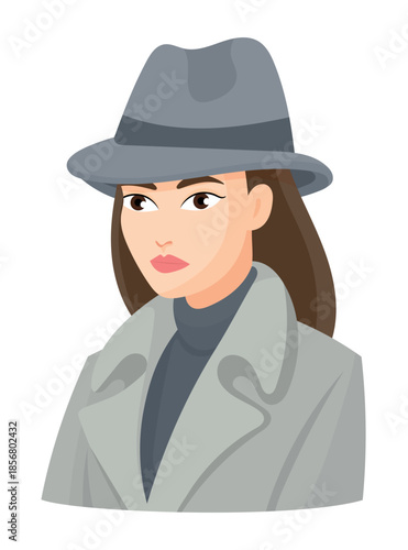 Female private detective, cute cartoon. Flat vector clipart, illustration with isolated background.