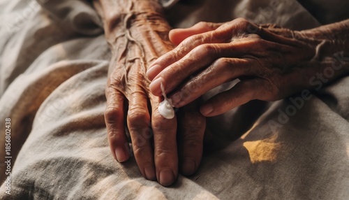 Elderly hands applying moisturizing cream for skin care