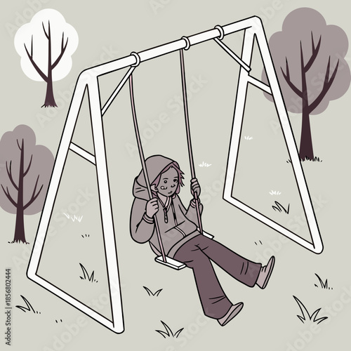 a solitary figure gently swings on a playground swing set amidst the quiet stillness of a muted autumn landscape