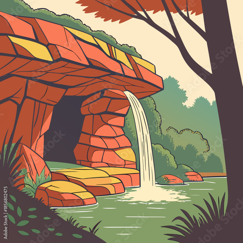 a serene landscape featuring a small waterfall cascading into a tranquil pool within a rocky reddish brown cave opening