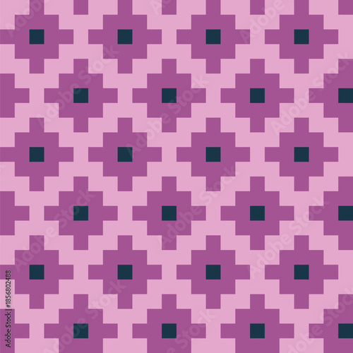 Stepped diamond pattern created from purple and dark teal blue squares on a pale pink background