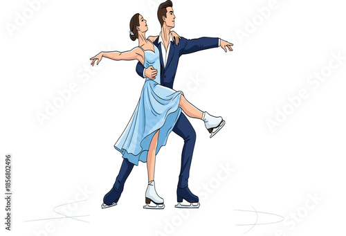 Couple performing figure skating routine, elegant ice dance performance, winter sport, synchronized balance, graceful movement, artistic expression, professional skaters, frozen stage