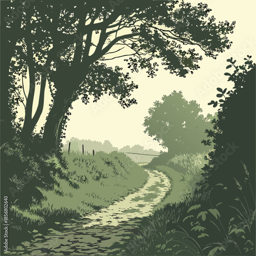 a serene landscape depicts a winding dirt path leading through lush greenery and trees under a hazy sky