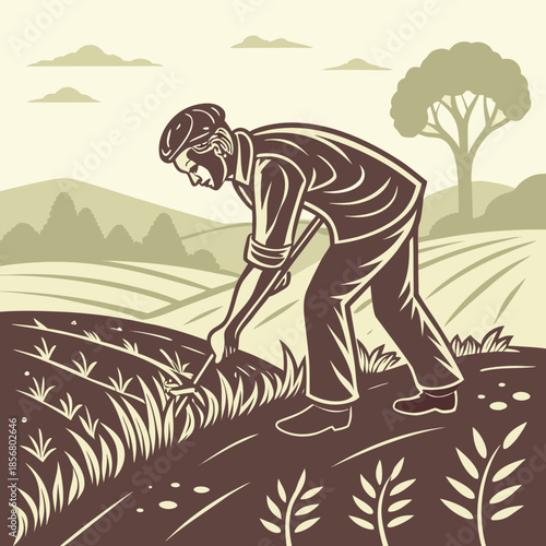 a vintage style illustration depicts a farmer diligently tending to his field with a hand tool high quality