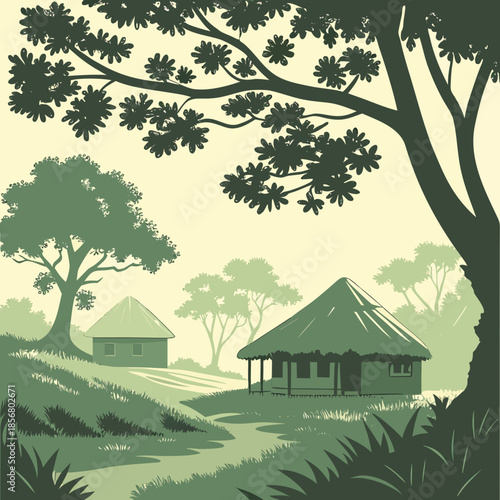 A serene landscape depicts lush green trees a winding path and traditional thatched roof houses nestled within a tranquil forest