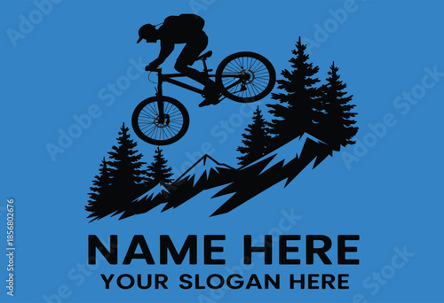 Stylized black vector logo featuring extreme mountain biker airborne over rough terrain with forest backdrop.