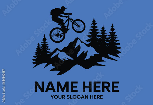 Stylized black vector logo featuring extreme mountain biker airborne over rough terrain with forest backdrop