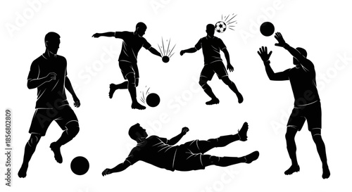 Dynamic soccer players in action poses with balls