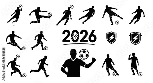Dynamic soccer players in action with 2026 and shield icons