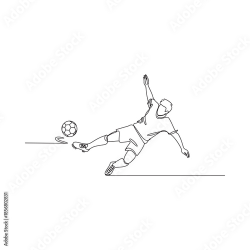 Dynamic soccer player in mid air action illustrated with a single line drawing