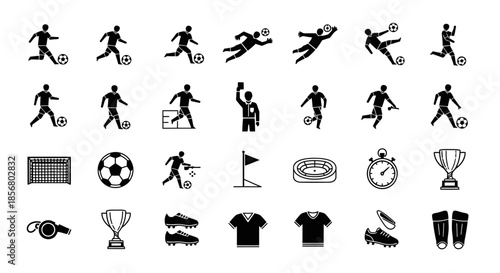 Black soccer icons set including players, ball, goal, and referee