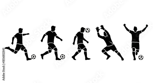 Dynamic soccer players in action poses with balls