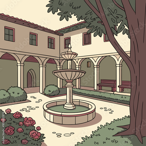 a tranquil courtyard scene features a tiered fountain arched walkways and lush greenery in a charming illustrative style