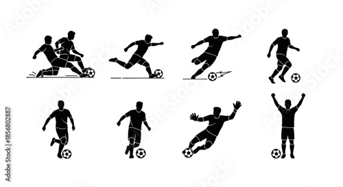 Silhouette soccer players in dynamic poses with balls