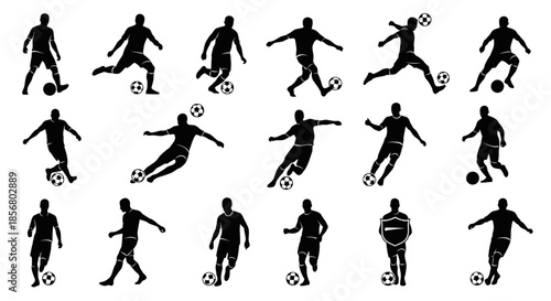 Dynamic soccer players in action with silhouettes kicking balls