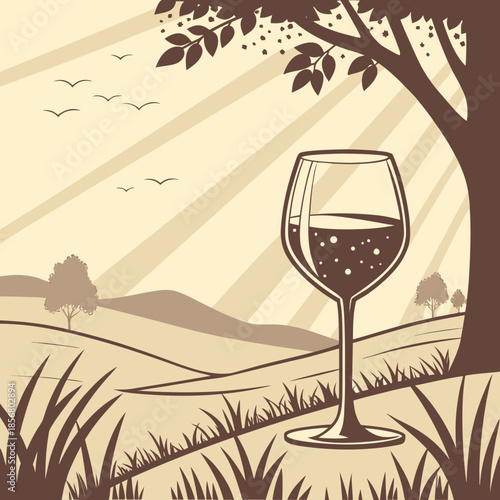 A serene illustration depicts a wine glass positioned amidst a picturesque landscape with trees and birds in flight