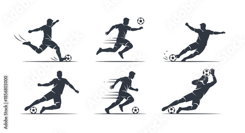 Dynamic soccer player silhouettes in action kicking and running