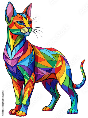 Cat real, full body , Stained Glass Style , rainbow color